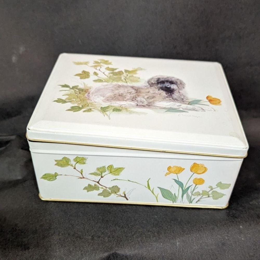 Vintage Puppy Dog Metal Tin Briard‎ Leonberger Bouvier Design - Floral Decor